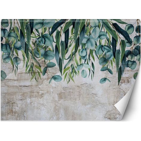 Papier peint mural, Feuilles vertes pastel sur béton - 100x70 (1/5)