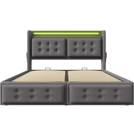 Letto matrimoniale imbottito 140x200 con testata a LED e caricatore USB C, grigio (senza materasso) (1/5)