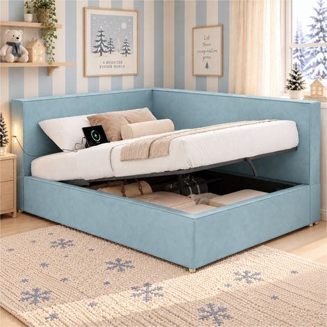 Lit Banquette Enfant 1 Place 90x200 cm avec Coffre Hydraulique, LED, USB/USB-C, Tête de Lit Rembourrée et Sommier à Lattes Inclus, Velours - Bleu (1/5)