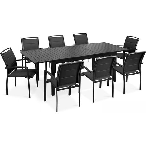 Ensemble table de jardin extensible et 8 fauteuils en aluminium noir