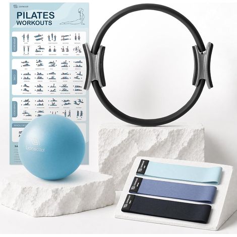 Pilates Ring Set - 14" Anti-Deformation Magic Circle with Two Padded Handles - Includes Burst Resistant Mini Pilates Ball and Bands (1/5)