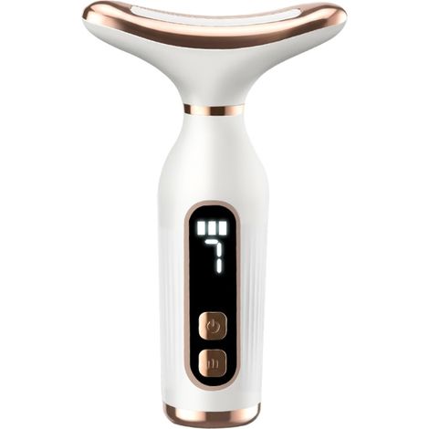 Appareil de massage visage et cou LED 7 couleurs avec fonction chauffante et 7 modes de vibration, écran LCD, rechargeable, portable, type C, blanc (1/5)