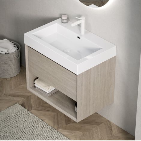 Meuble de salle de bain mural 70 cm avec vasque rectangulaire intégrée en résine blanc et meuble en contreplaqué chêne clair (1/5)