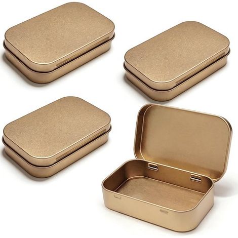 Mini boîtes en fer blanc - 4 pièces - Boîte de rangement avec couvercle - Métal - Mini boîte portable - pour la maison, le bureau, en déplacement, en voyage - 9,5 × 6,2 × 2 cm - Or (1/5)