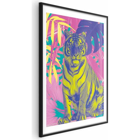 Poster - Tigre colorata - Colori intensi di una tigre circondata da piante tropicali (1/4)