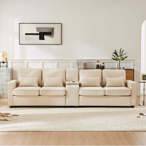 Sofá 290x83x88 cm beige en lino con consola, portavasos, USB y cojines (1/5)