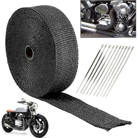 Kit de ruban isolant thermique pour pot d'échappement de moto, ruban isolant noir de 10 m avec 10 colliers de serrage autobloquants en acier inoxydable (1/5)