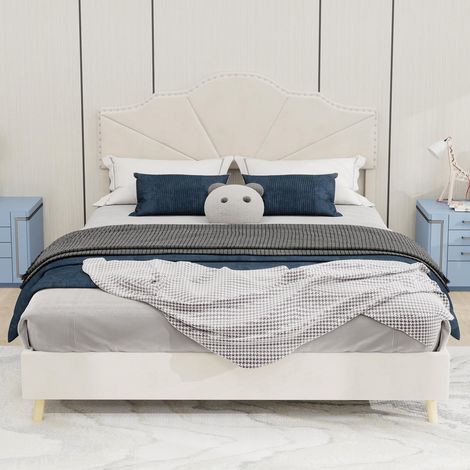 Lit moderne minimaliste et moelleux, tête de lit confortable et douce, 140200CM, beige, meuble de chambre multifonctionnel, cadre de lit bas sans barre de levage, matelas non inclus., garantie 2 ans