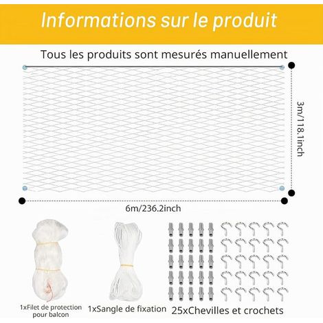 Filet pour chat pour balcon - Filet de protection pour chat - Fenêtre - Sans perçage - Filet transparent pour chat - Pour balcon - Pour sécuriser le balcon, les fenêtres (1/4)