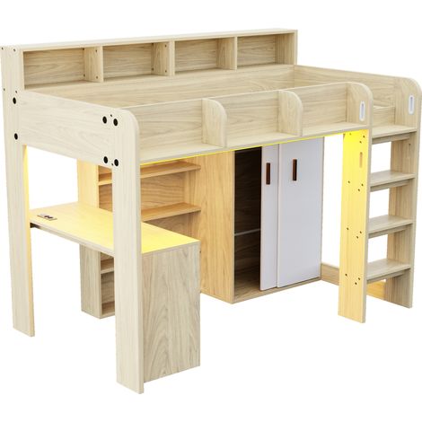 Multifunktions-Hochbett 90 x 200 cm mit Schreibtisch, Kleiderschrank, Stauraum und LED (1/5)