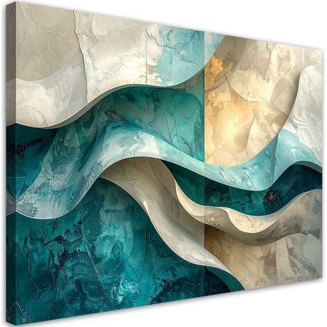 Cuadro sobre Lienzo, Olas abstractas líneas efecto 3D turquesa y beige, 100x70 (1/5)