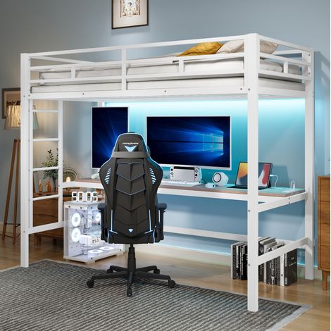 MEUBLIV Cama alta 90x200 cm blanca con escritorio, LED y sin colchón (1/5)