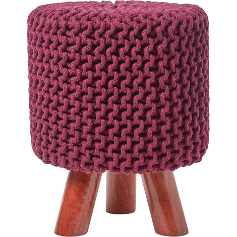 HOMESCAPES Pouf tressé en tricot et pieds en bois - Prune (1/5)