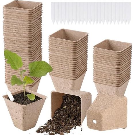 50 Anzuchttöpfe biologisch abbaubar mit Löchern für Pflanzen Stecklinge Torftöpfe inklusive 50 Pflanzenetiketten für Blumen und Gemüse quadratisc (1/5)