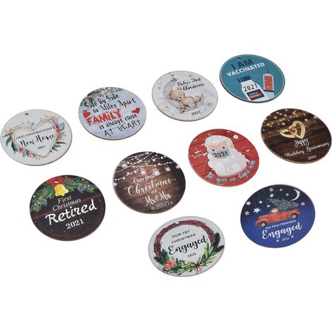 10 étiquettes de Noël en bois rond avec cordon, motifs festifs pour décoration de sapin et emballage cadeau (lot de 10) (1/5)