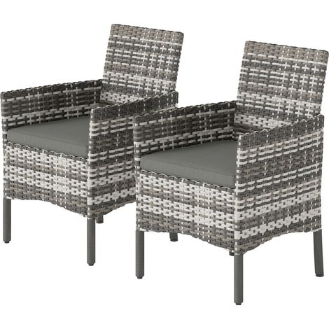 Gartensessel aus Rattan und Stahl mit Kissen, Armlehnen und hoher Rückenlehne, 58 x 62 x 87 cm, Grau