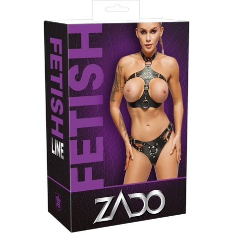 Zado - Ensemble harnais en cuir, string et soutien-gorge avec anneaux, taille 2XL (1/5)
