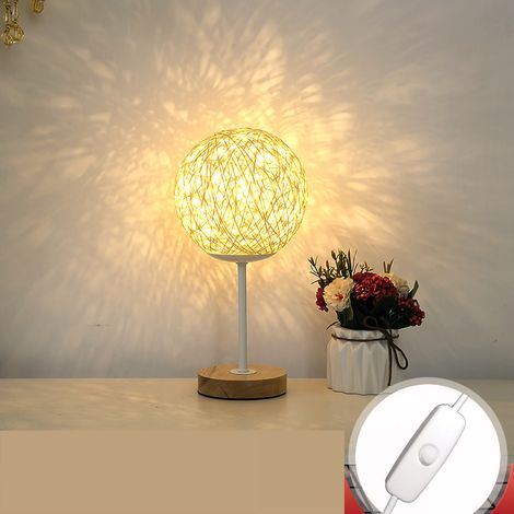 Lampe de table boule en rotin base bambou LED rechargeable USB design chaleureux crème 15cm
