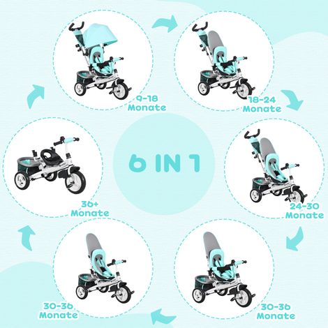 Tricycle enfant vélo avec panier arrière, porte-gobelet, auvent solaire, métal vert (1/5)