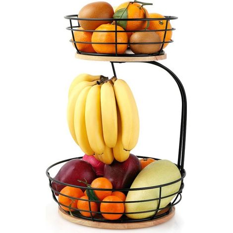 Corbeille à fruits 2 étages - Avec crochet à bananes - Bois et métal - Noire - Étagère à fruits (1/5)