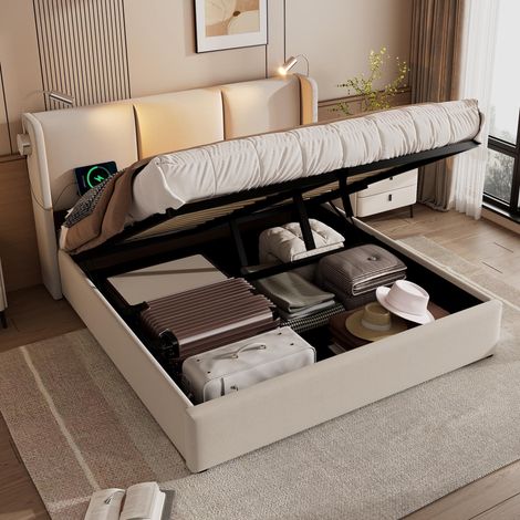 Lit double capitonné avec rangement, coffre de lit, lampe de lecture avec fonction de chargement USB, tête de lit, lit coffre, cadre de lit en lin, lit enfant 140x200 avec sommier à lattes (sans matel (1/5)