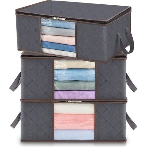 Lot de 3 sacs de rangement 35L, coffre de rangement avec couvercle, grand rangement vêtements, cartons de déménagement, gris (1/4)