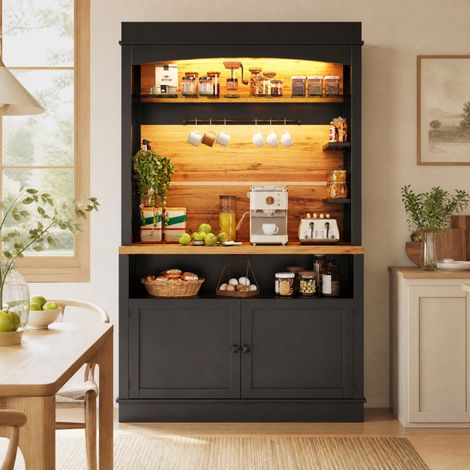 DESMIU Buffet Haut 2 Portes et Étagère Ouverte avec LED, 6 Crochets, pour Cuisine et Salon, Noir, 107 × 43 × 184 cm (1/5)