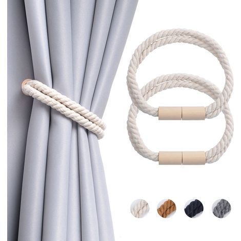 Lot de 2 embrasses de Rideaux magnétiques Décoration Bohème de la Maison Drapé Embrasses en Coton Naturel Faites à la Main en Corde Double pour Rideaux de fenêtre de Maison (Beige) (1/5)