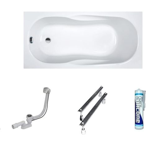 ECOLAM Baignoire rectangle acrylique As 140x70 cm, pieds, siphon et silicone. Baignoire en acrylique blanc (1/5)