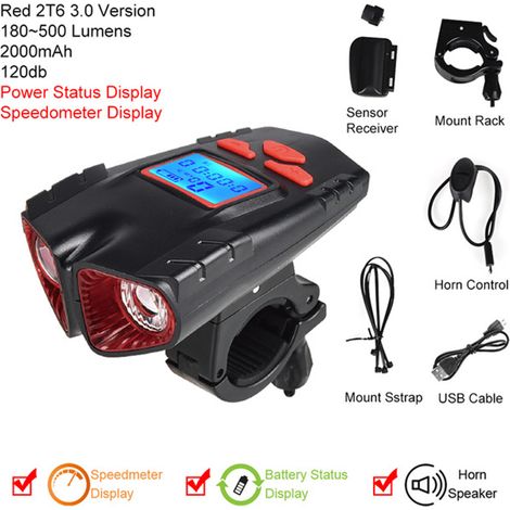Feu avant vélo rechargeable USB avec sonnette, 4 modes d'éclairage, lumineux pour VTT route cyclisme. (1/5)