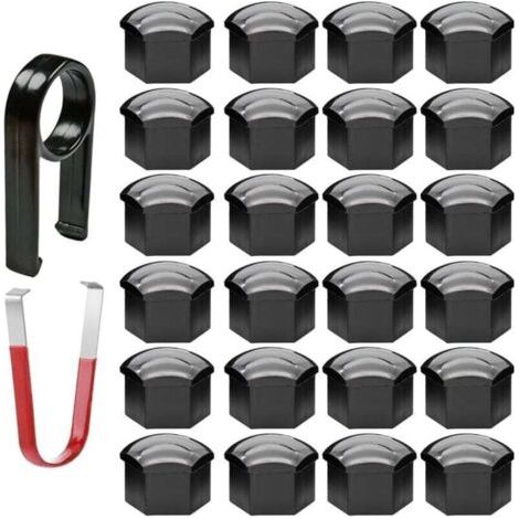 24pcs Capuchon d'écrou de Roue 17mm Capuchons d'écrou de Boulon de Roue, Cache-écrous de Pneu hexagonaux avec Ensemble d'outils de démontage pour Voitures (Noir)