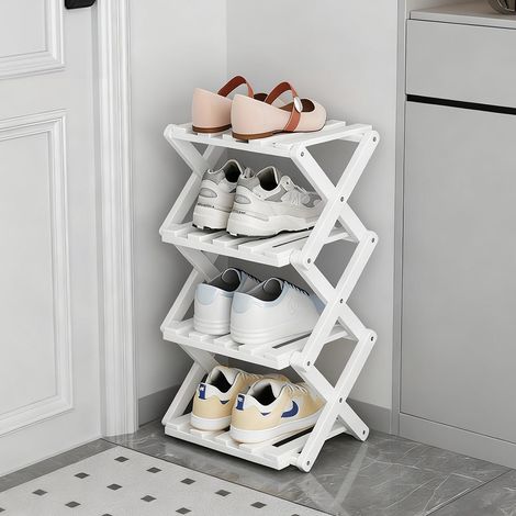 No-Assembly Folding Shoe Rack — 4-Tier Shelving Unit, Ideal for Entryways, Bedrooms, Walk-in Closets, and Living Room Corners — White