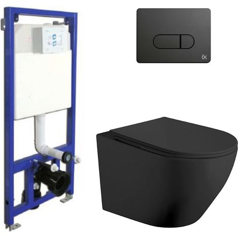 Pack Inodoro Suspendido  Negro Mate  Rimless con Cisterna Empotrada y Pulsador Negro (1/5)