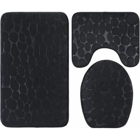 Tapis de bain antidérapant gaufré noir, lot de 3 pièces, tapis de sol de salle de bain et toilettes, antidérapant pour hôtel (1/4)