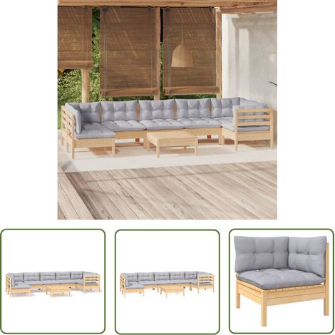 The Living Store 8-tlg. Garten-Lounge-Set mit Grauen Kissen Kiefernholz - Garten Lounge Set - Kiefernholz Möbel - Outdoor Furniture - Loungemöbel - Gartengeräte (1/5)