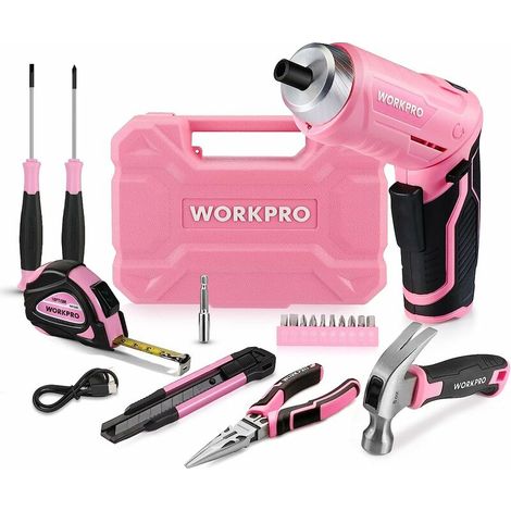 – Coffret multi-outils rose 18 pièces – Tournevis électrique 3,7 V avec 10 embouts – Mallette de rangement 240x174x73mm – Outils en Cr-V (1/5)