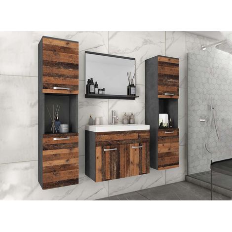 Deco In Paris – Ensemble de meubles salle de bain suspendu XL – Gris foncé et chêne vieilli – 2 armoires murales avec 5 compartiments – Miroir design avec tablette (1/5)