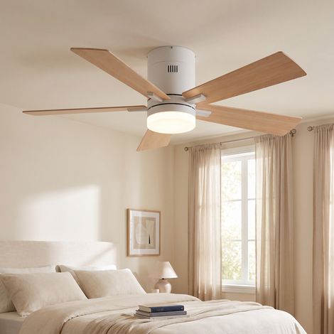 Ventilateur de plafond avec lumière, diamètre 106,6 cm, 6 vitesses et 3 températures de couleur, réversible et silencieux, télécommande, moderne, Chêne clair