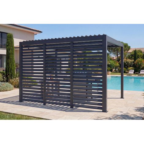 Pergola bioclimatique autoportée 3x2m PIANA aluminium gris avec 3 persiennes brise-vue