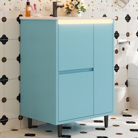 Meuble vasque 61x46,5x87 cm en MDF et céramique bleu, avec rangement pour salle de bain FloraGrace (1/5)