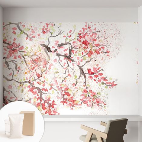 Papier peint intissé décoratif avec colle pour salon chambre et bureau Installation rapide Branches en fleurs 152x104 cm (1/5)