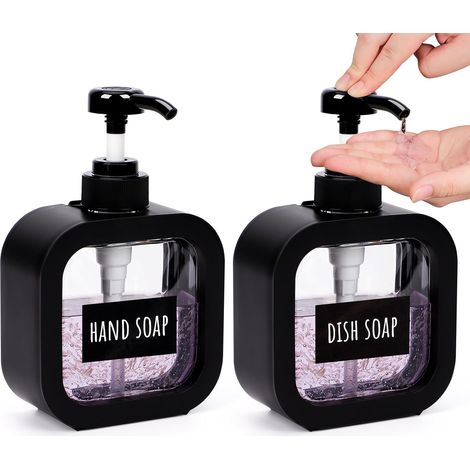 Distributeur Liquide Vaisselle, 2 Pièces 300ml Flacon Pompe Vide, Distributeur Savon Noir en Plastique, avec Étiquettes, pour Salle de Bain (1/5)