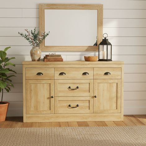 Credenza in legno 135x40x80 cm con 2 ante e 5 cassetti, ripiano interno, maniglie in metallo color rame, stile rustico – Naturale