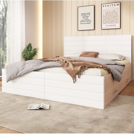 Lit coffre 140x200 avec 2 tiroirs, bois blanc HAVRYA (1/5)