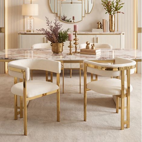 6 Esszimmerstühle aus beigem Chenille und Gold, Metallgestell, gebogene Rückenlehne (1/5)