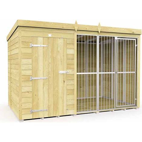 10ft X 6ft Dog Kennel and Run Full Height with Bars - Wood - L178 x W302 x H201 cm