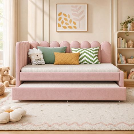 L-förmiges Schlafsofa 140x200 cm rosa aus Samt mit Ausziehbett und blütenförmiger Rückenlehne (1/5)