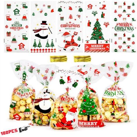 Sacs à biscuits, 100pcs Sacs de Biscuits Bonbons de Noël, Sachets de Transparent en Cadeau Noel avec 100pcs Cravates Torsadées (1/5)