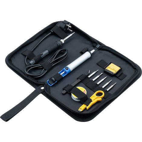 goobay Kit de soldadura de arranque de 12 piezas con soldador, 5 fallas, soporte, bomba de desoldar, pelador de cables, pinzas de depilar, estaño de soldadura, esponja, para modelismo y reparaciones