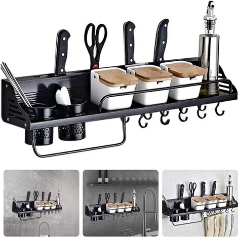 Étagère murale à épices de cuisine avec 10 crochets Support 80 cm Métal Noir (1/4)